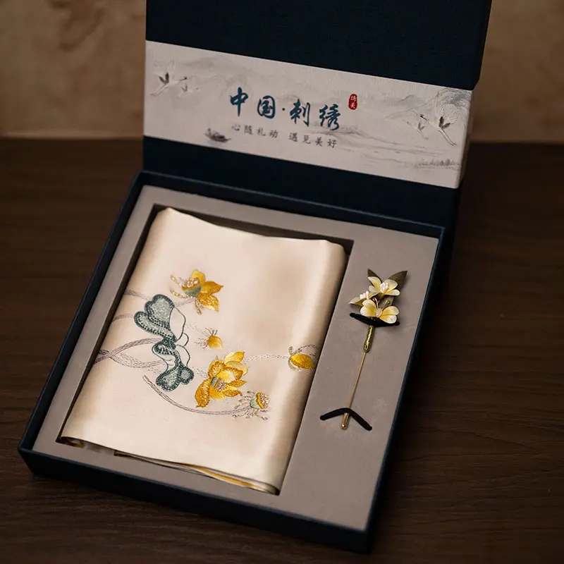 

Suzhou Embroidery Silk Scarf Handmade Edelweiss Brooch Gift Box Business Souvenir