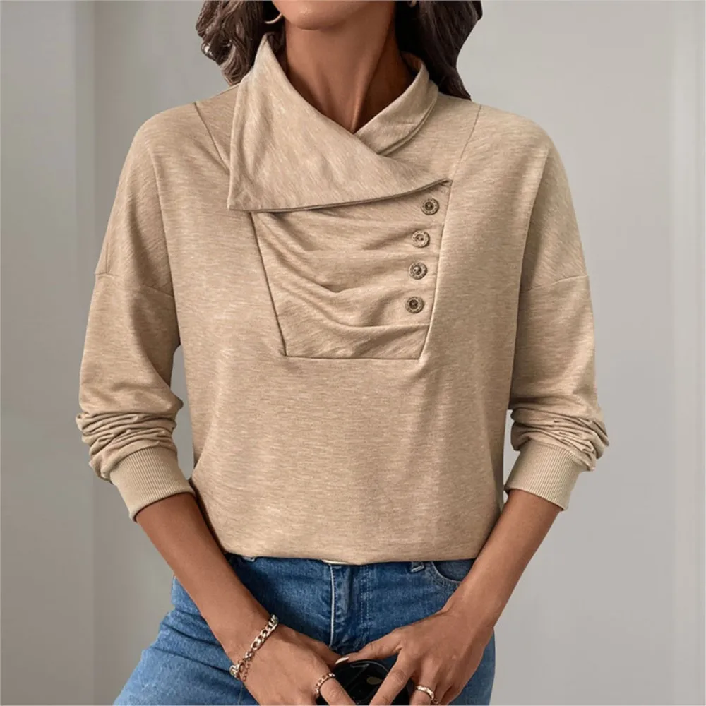 Loose Khaki Pullover Sweatshirt 2024 New Casual Hoodies Pleated Buttons Solid Color Stand Up Collar Sweatshirt For Women Tops