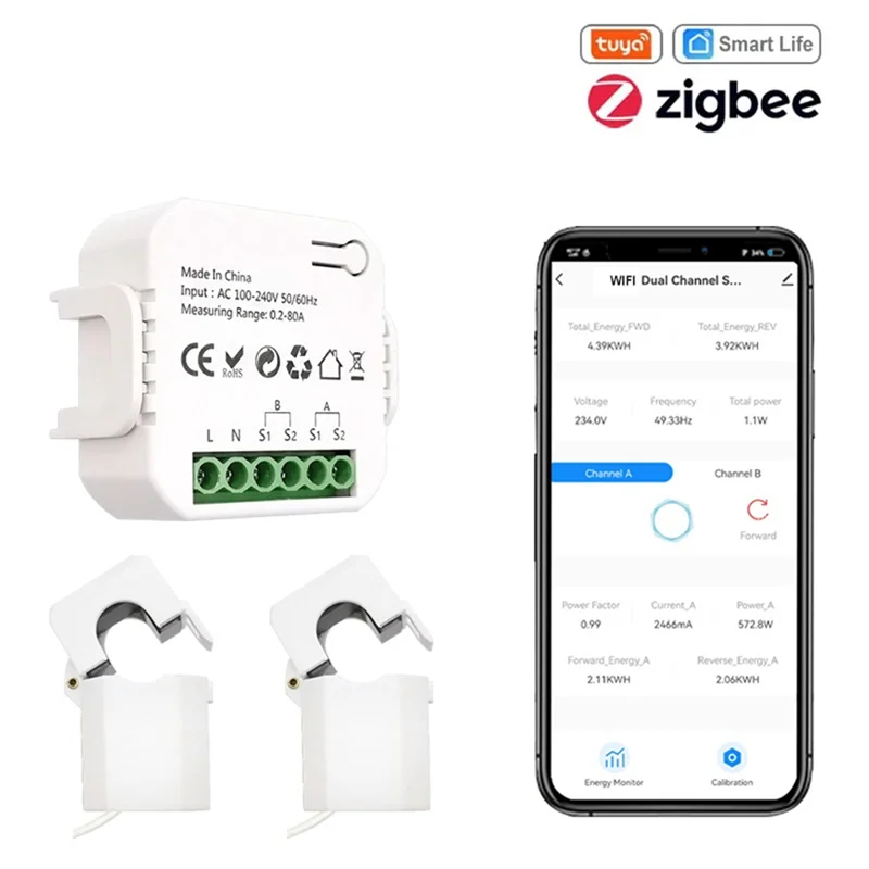 Zigbee Wifi Energy Meter Bidirectional With Clamp Current Sensor Tuya Smart App Monitor Power 80A 240V, 2 Channels 2CT Durable