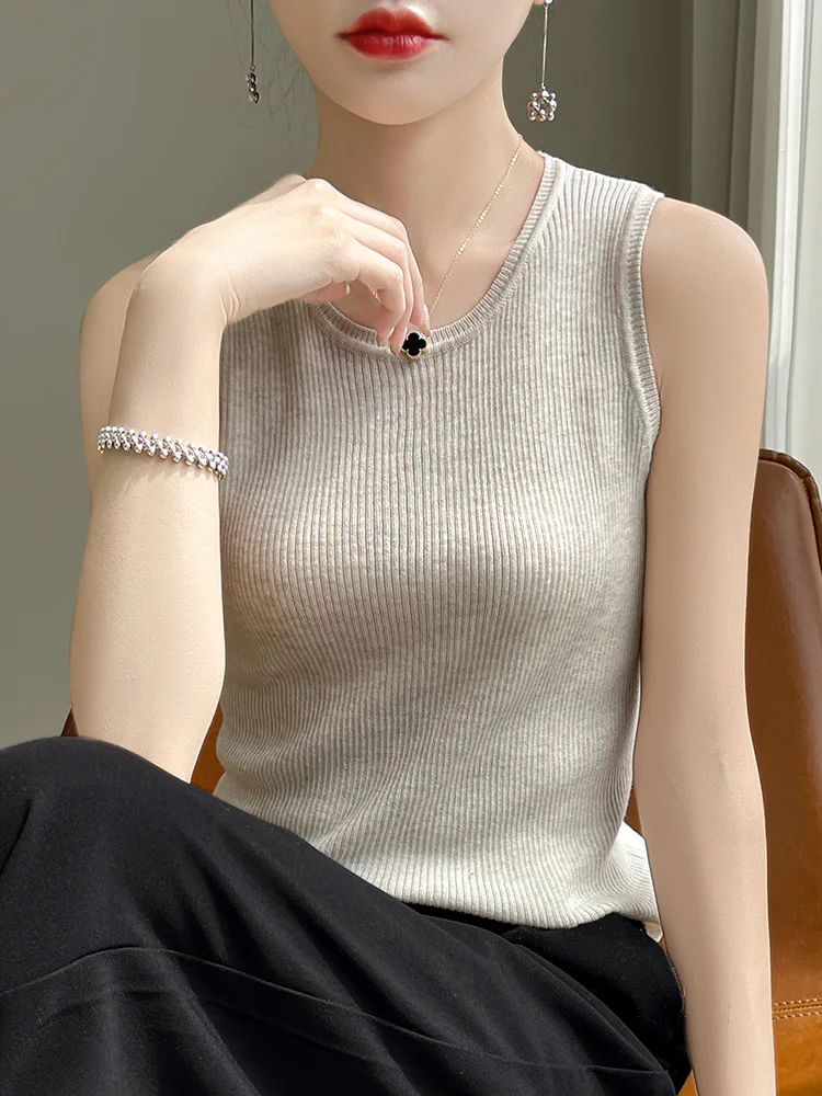 Camiseta sin mangas de punto de lana ajustada para mujer, chaleco con capa Base, correa redonda Ne, novedad de verano, ropa interior Sle Faionable