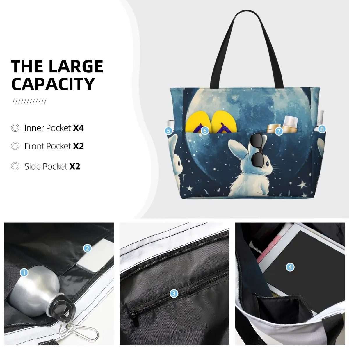 Cute Space Little Bunny Rabbit Beach Tote Bag Sport Gym Yoga Duffle Large Tote Bag Women Travel Bag Fitness bag