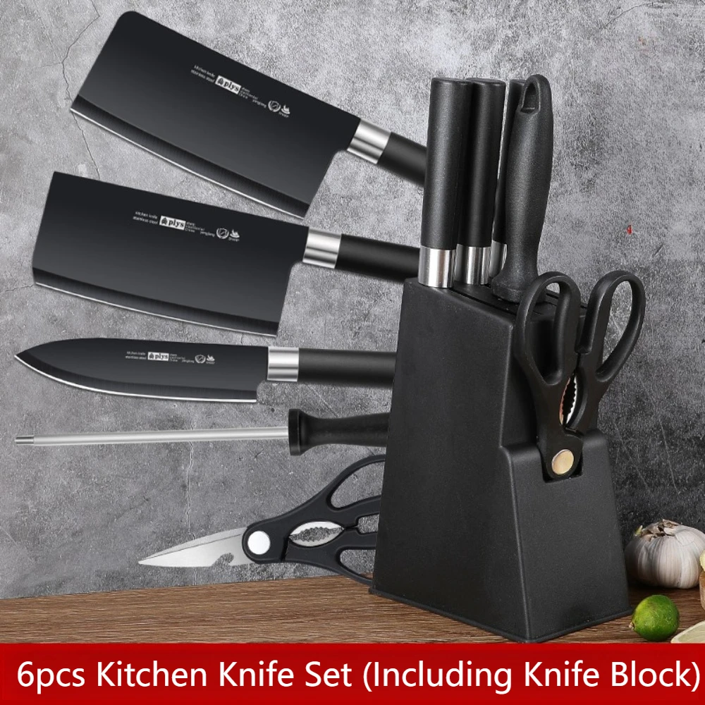 6pcs Kitchen Knife Set with Knife Holder High-grade Black Steel Knife Set Gift Knife Stainless Steel Kitchen Utensils Household
