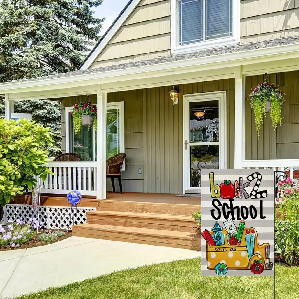 Back to School Garden Flags for Outside, Apple Pencil Truck First Day of School Yard Decoration, Small Outdoor Celebration Decor