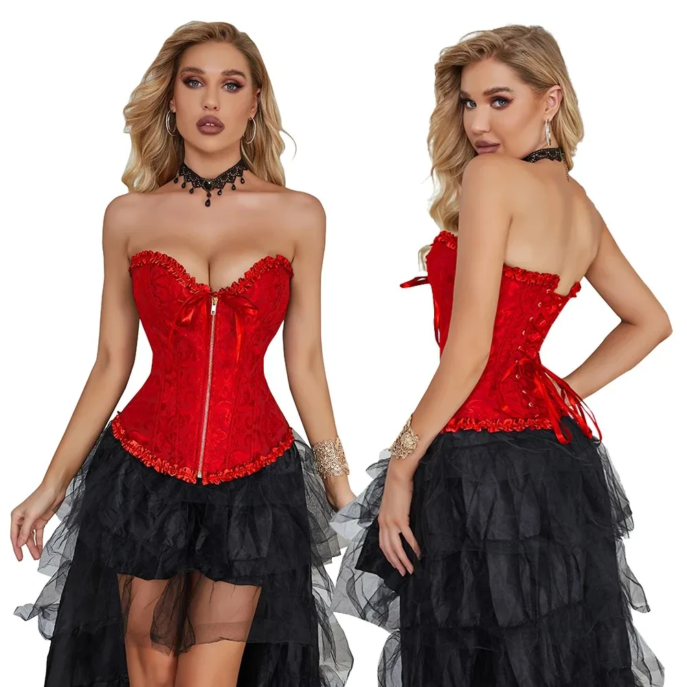 Jacquard Victorian Corset Top Zipper Gothic Bustier Overbust Lingerie Lace Medieval Women Sexy Vintage Halloween Costume view 3