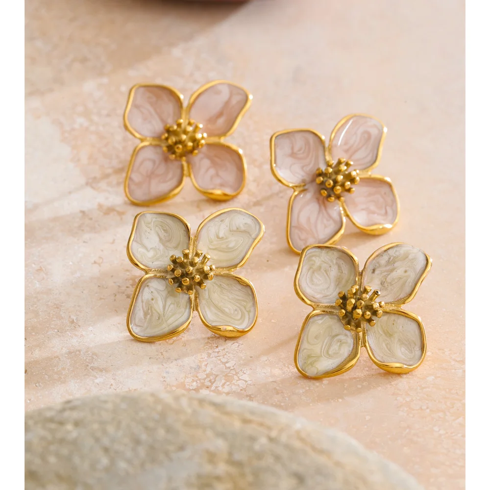 Yhpup 24*26mm Waterproof Stainless Steel Enamel Flower Stud Earrings for Women 16K Golden PVD Plated  Exquisite Jewelry Gift