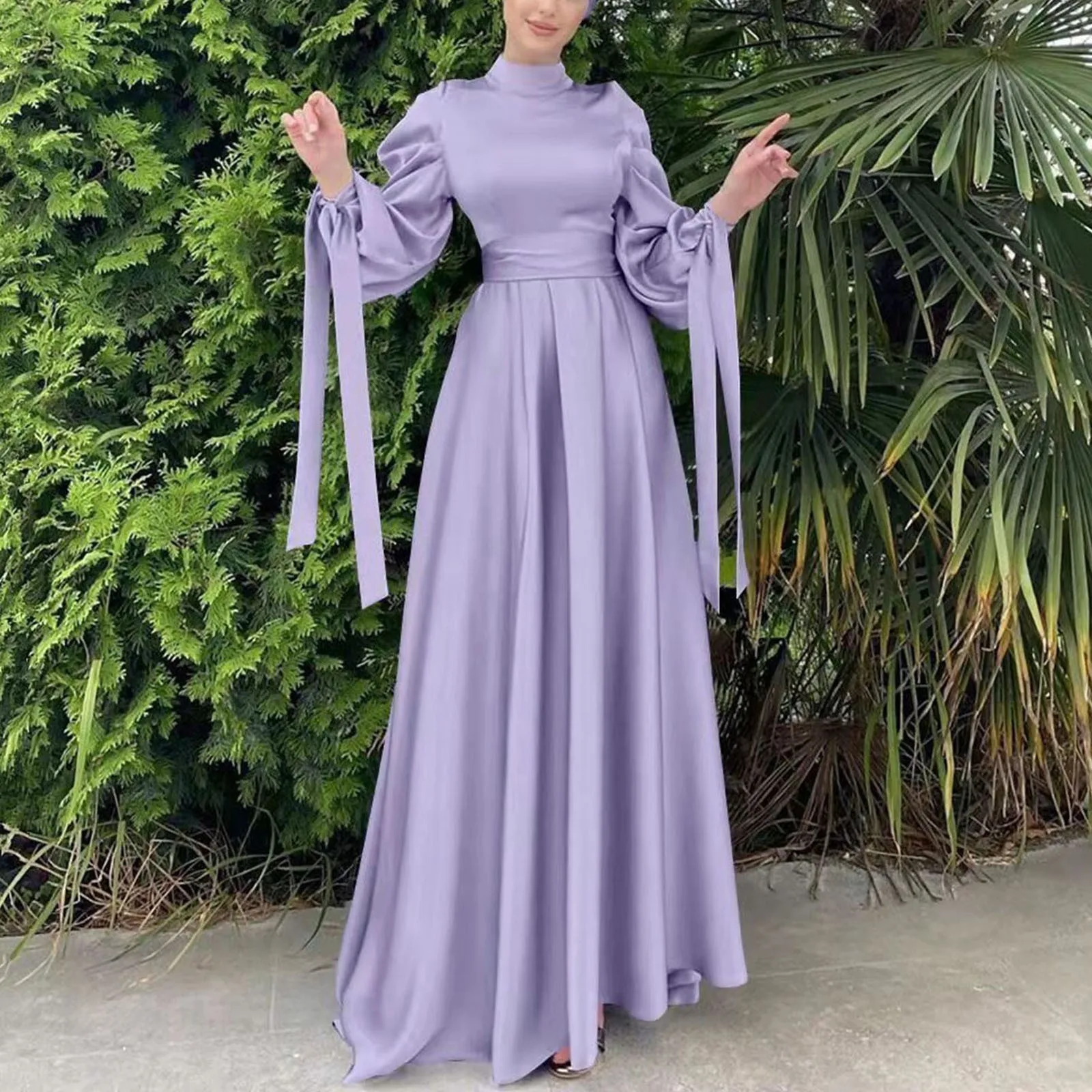 Vintage Puff Sleeve Evening Party Satin Maxi Dress Women Muslim Islamic Clothes Arab Abaya Kaftan Dubai Gown Female Long Dresses