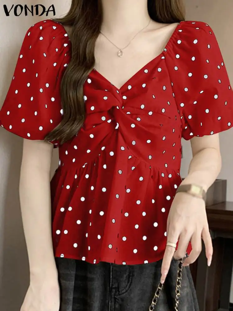 VONDA Women Elegant Blouse 2024 Polka Dot Tops Summer Bohemian Printed Shirts Casual Puff Sleeve V Neck Blusas Tunic Femininas