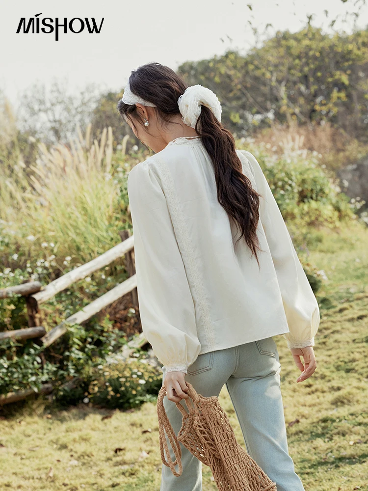 MISHOW Women's Lyocell Blouse 2025 Spring Summer Lace V-neck Commuting Top Puff Sleeve Solid Loose Blouse Office Lady MXE15X1735