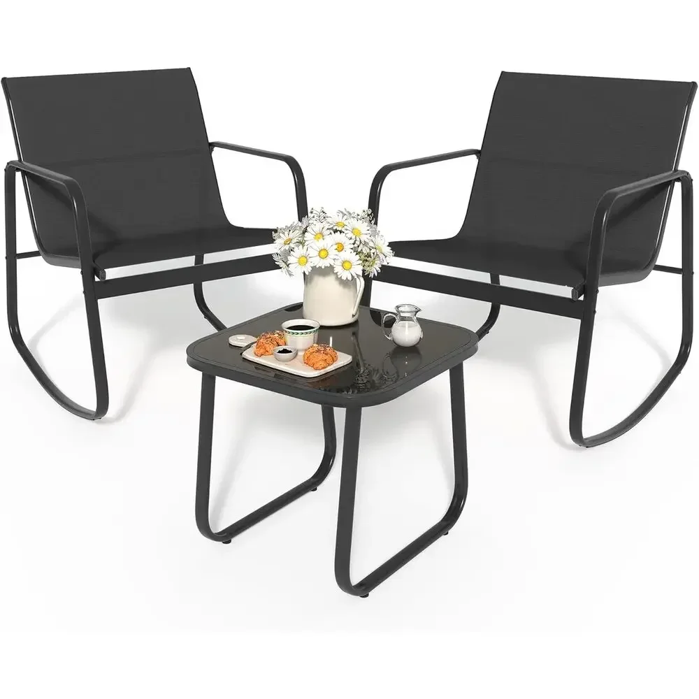 3-Piece Patio Furniture Set with Rocking Chairs and Glass Table, Textilene Fabric, Ideal for Outdoor Spaces