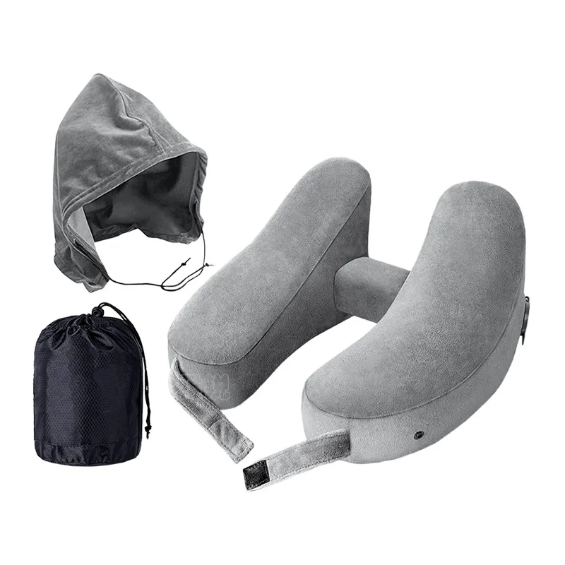 Portable Travel H-Shaped Inflatable Neck Pillow With Hood Neck Support Pillow Airplane Car Sleep Neck Pillow Nap Pillow