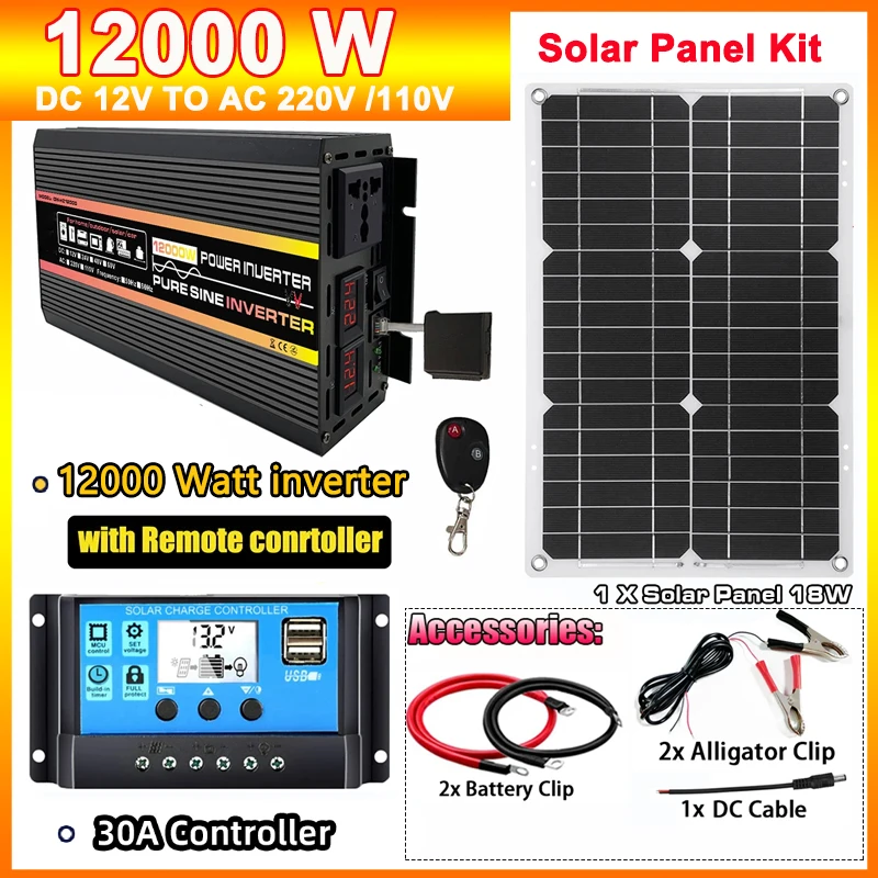 painel solar power system kit inversor de energia senoidal pura para rv reboque de viagem van camper 12000w 12v a 110v 220v 01