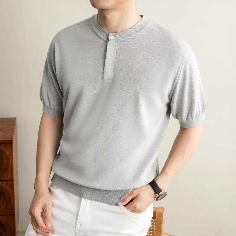 Breathable Linen Knitwear for Men Summer Trendy Henry Collar Knit T-shirts Short Sleeve Lyocell Kntiting Tops Pullovers