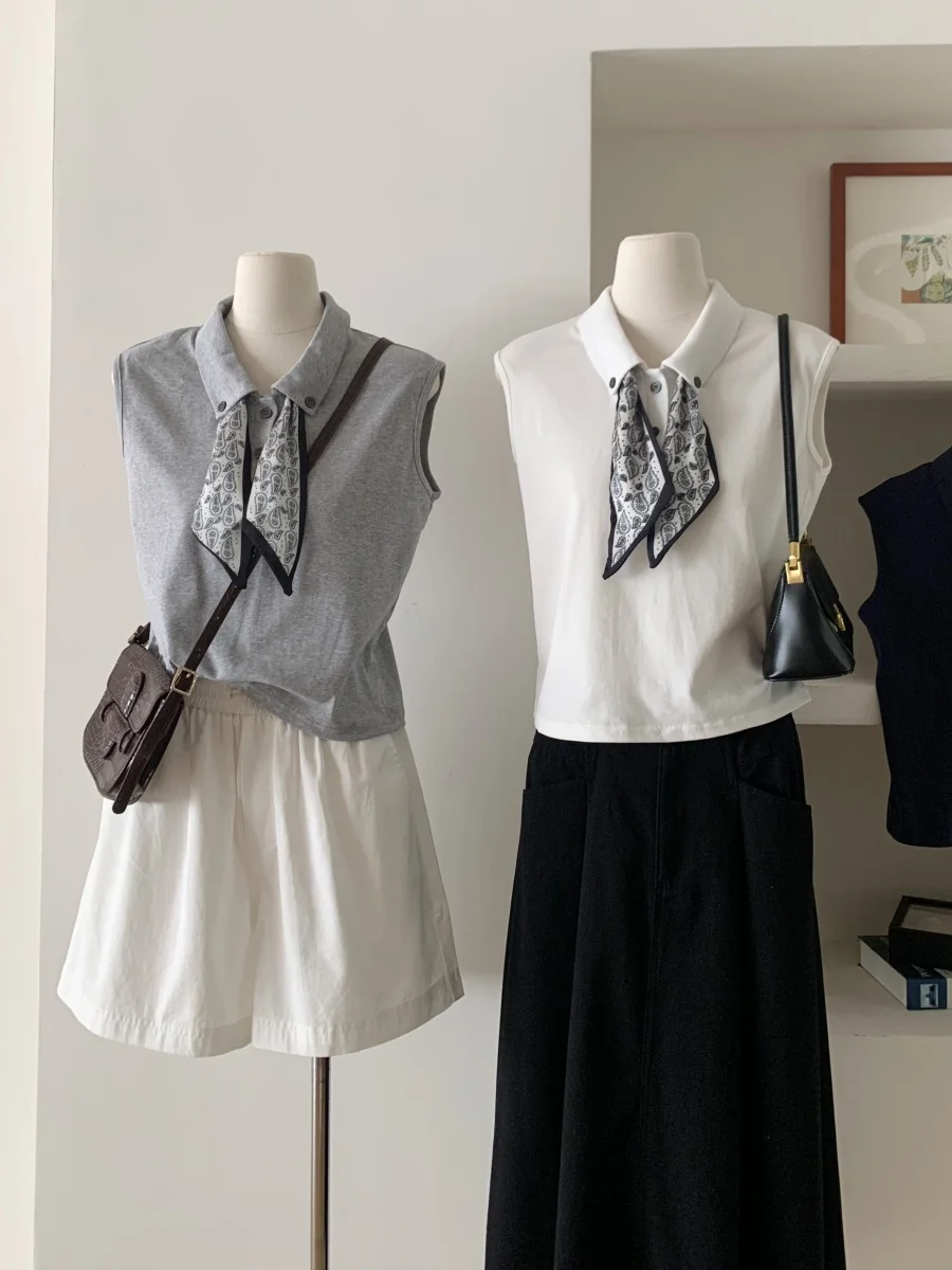 

Wedbleser French Scarf Design with Tie Straps Lapel Knit Vest Women Summer Temperament Simple Loose Sleeveless Top