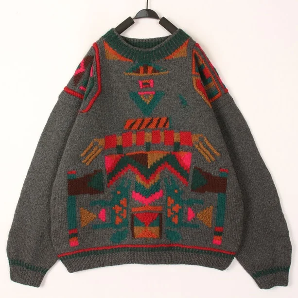 

Винтажный шерстяной свитер-кардиган в стиле Sweet Style с цветочным узором, свободный крой, длинный рукав, круглый вырез, в этническом стиле Харадзюку, для женщин