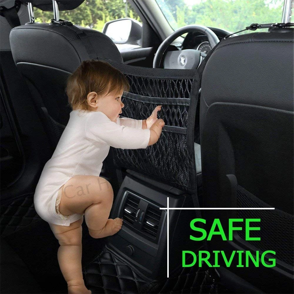 3-Layer Car Mesh Organizer, Seat Back Net Bag, Barrier of Backseat Pet Kids, Tissue Purse Holder, Driver Storage Netting Pouch