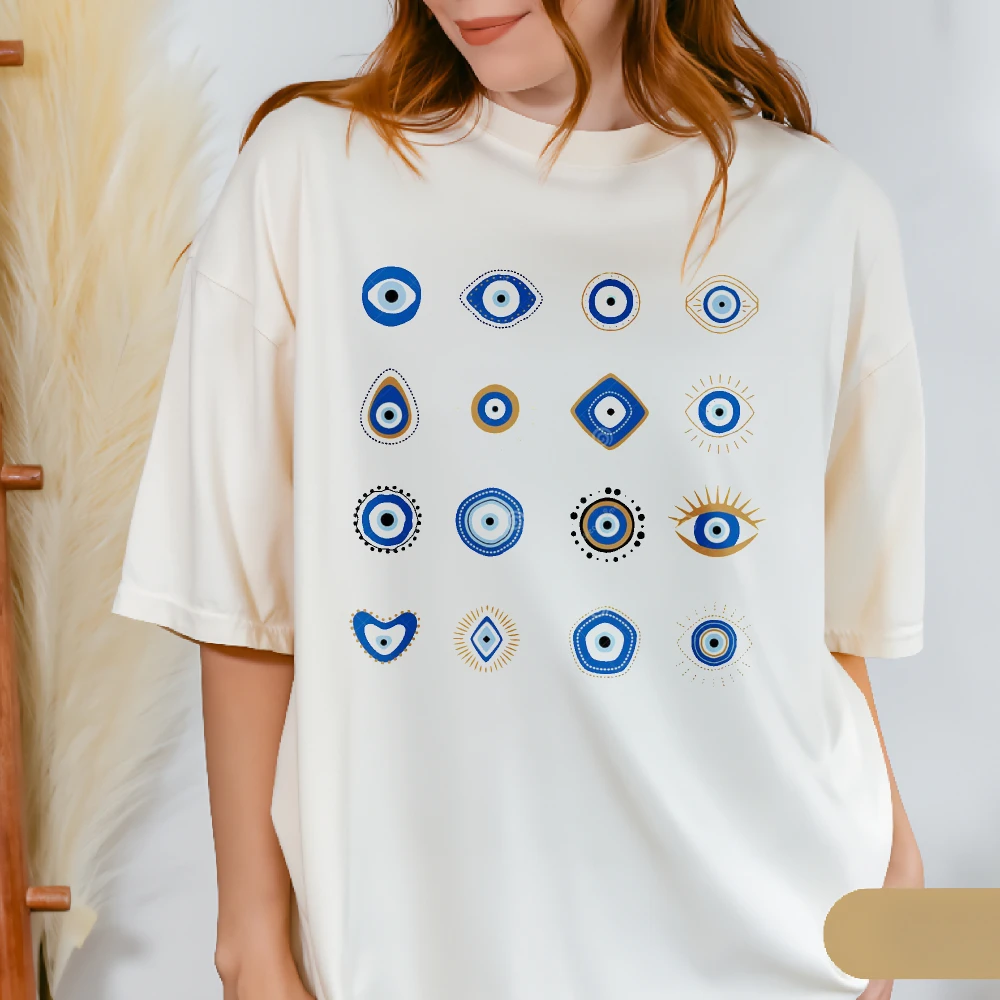 Turkish Evil Eye Grid Graphic Tee Blue Collection Mandala Talisman Spiritual Men Women Casual Shirt Greek Evil Eye Cotton Tees