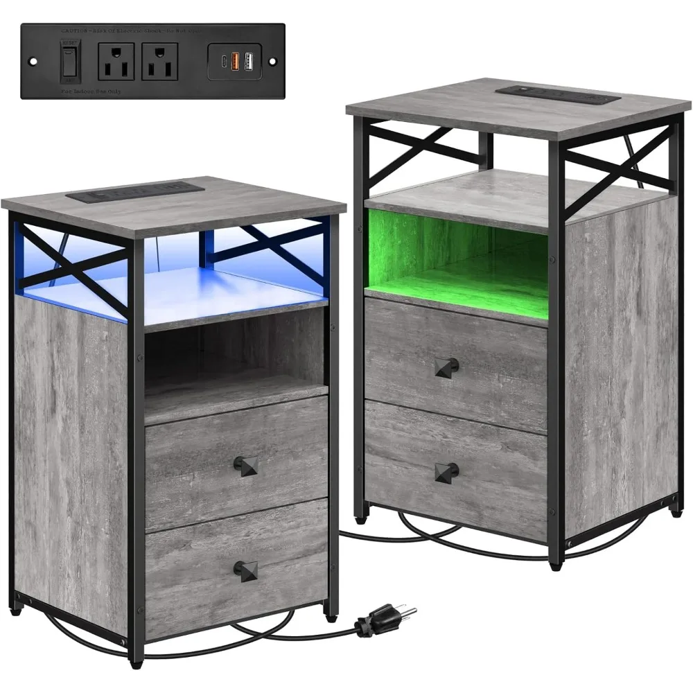 

Nightstands Set 2 with Charging Station, LED Nightstand with Wood Drawers, End Tables Living Room Set 2 with Storage,