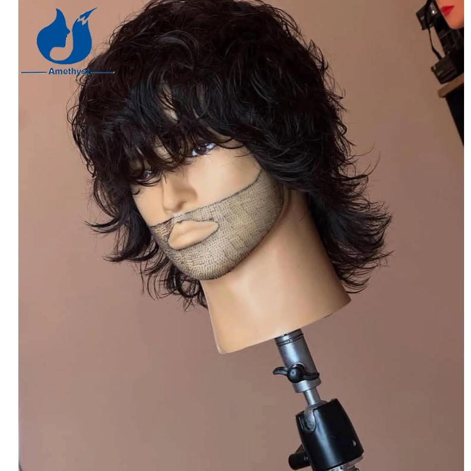 Amethyst Layered Wave Curly Mullet Wig for Men Brazilian Remy Hair Pre Styled 13x6 Frontal Wig Short Cut with Bangs Male Hair
