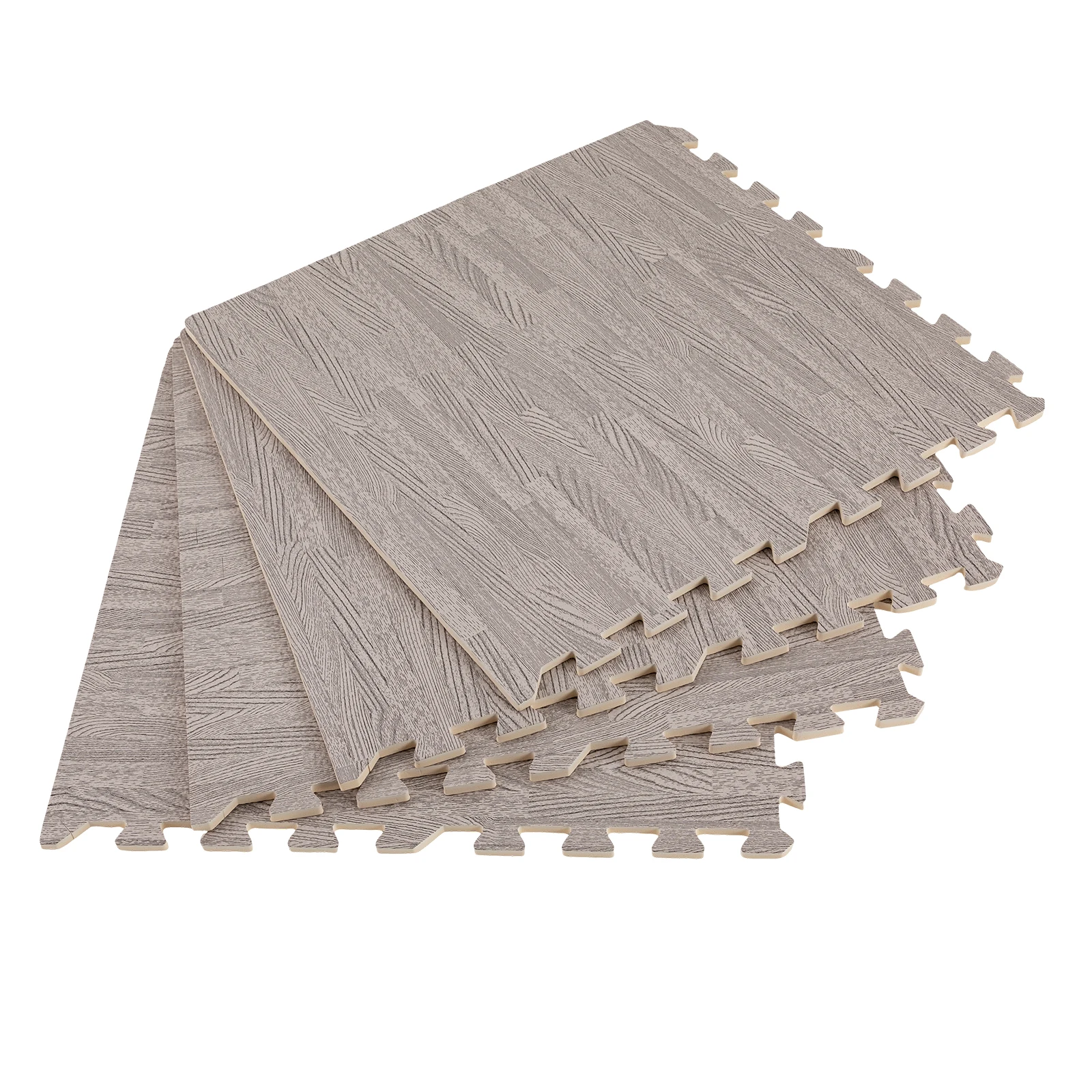 グレー木目調、25枚組スプライスフォームフロアマット、24 x 24インチ厚印刷フォームタイル、パッチワークフォームマット保護フローリング