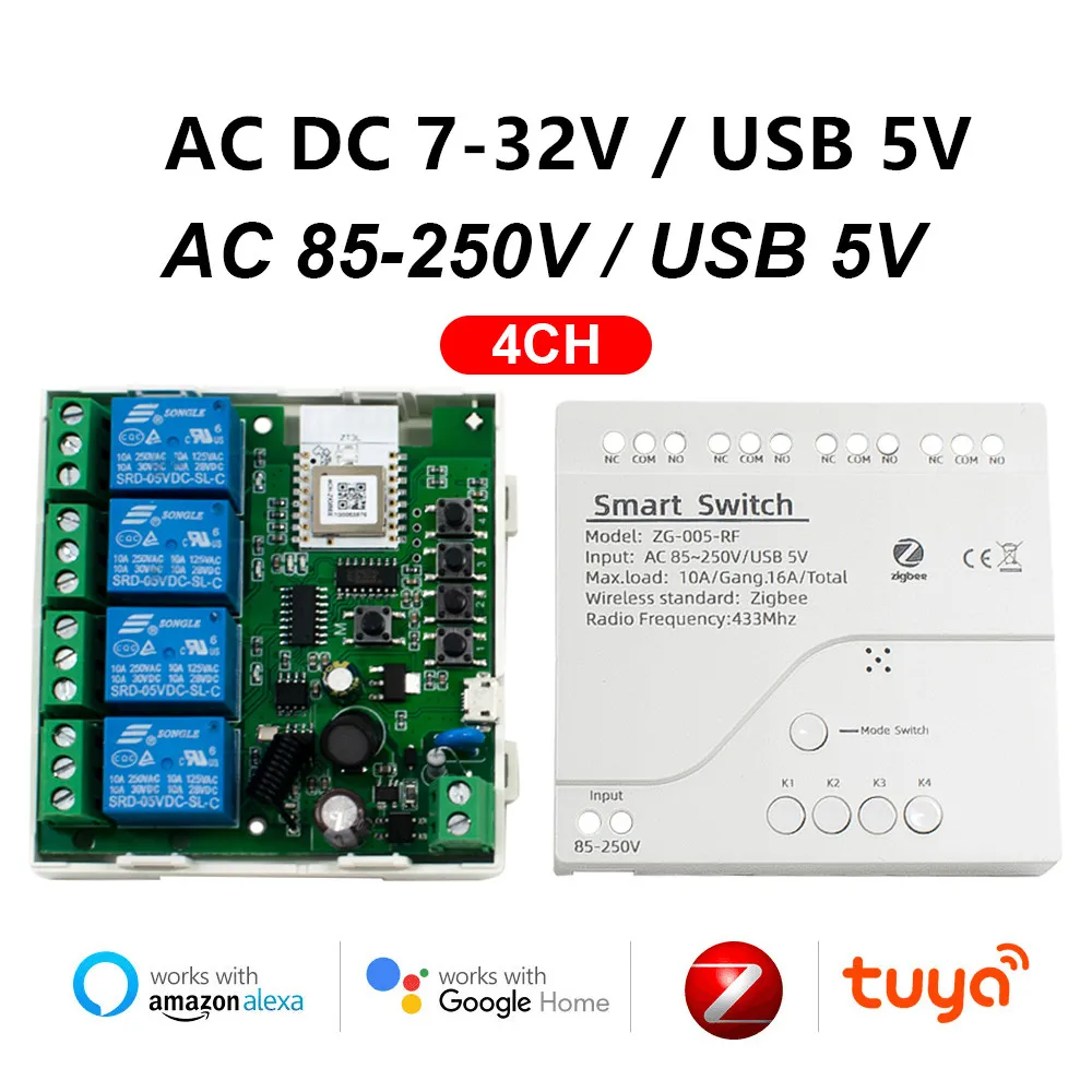 1/2/4CH Zigbee 12V 24V 220V Relay,eWeLink Tuya Smart Switch Module,for SmartThing Alexa 2MQTT Bridge Gateway Hub RF Remote