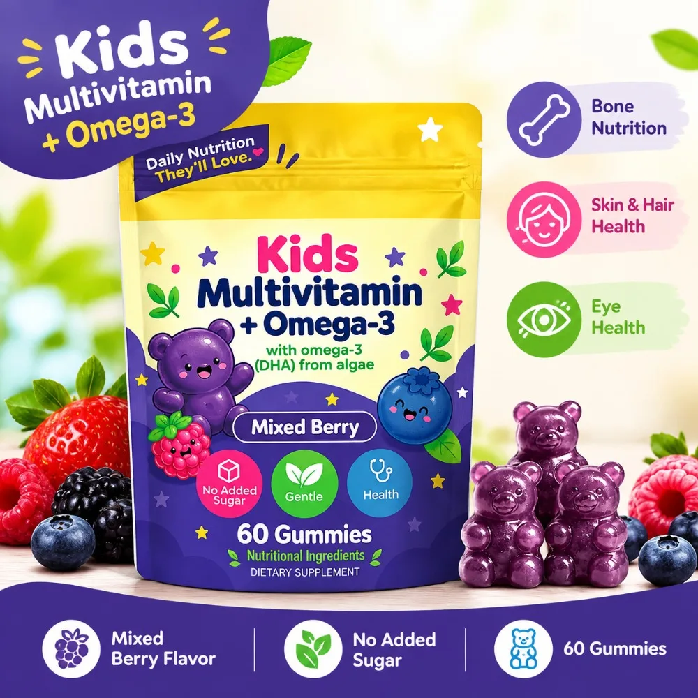 Kids Multivitamin + Omega-3 Gummies for Bone Skin Hair Nutrition Supplementation Eye Health Maintenance Mixed Berry Flavor 60Ct