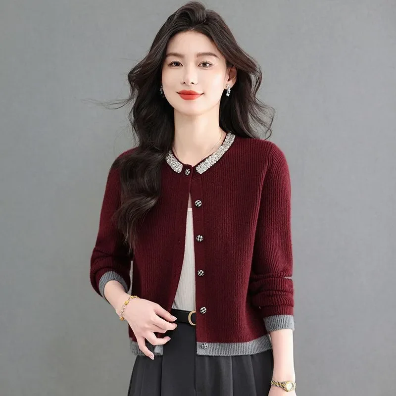 Women Beaded Collar Knit Cardigan Short Cropped Sweater Jacket Spring Autumn Elegant Casual Outerwear