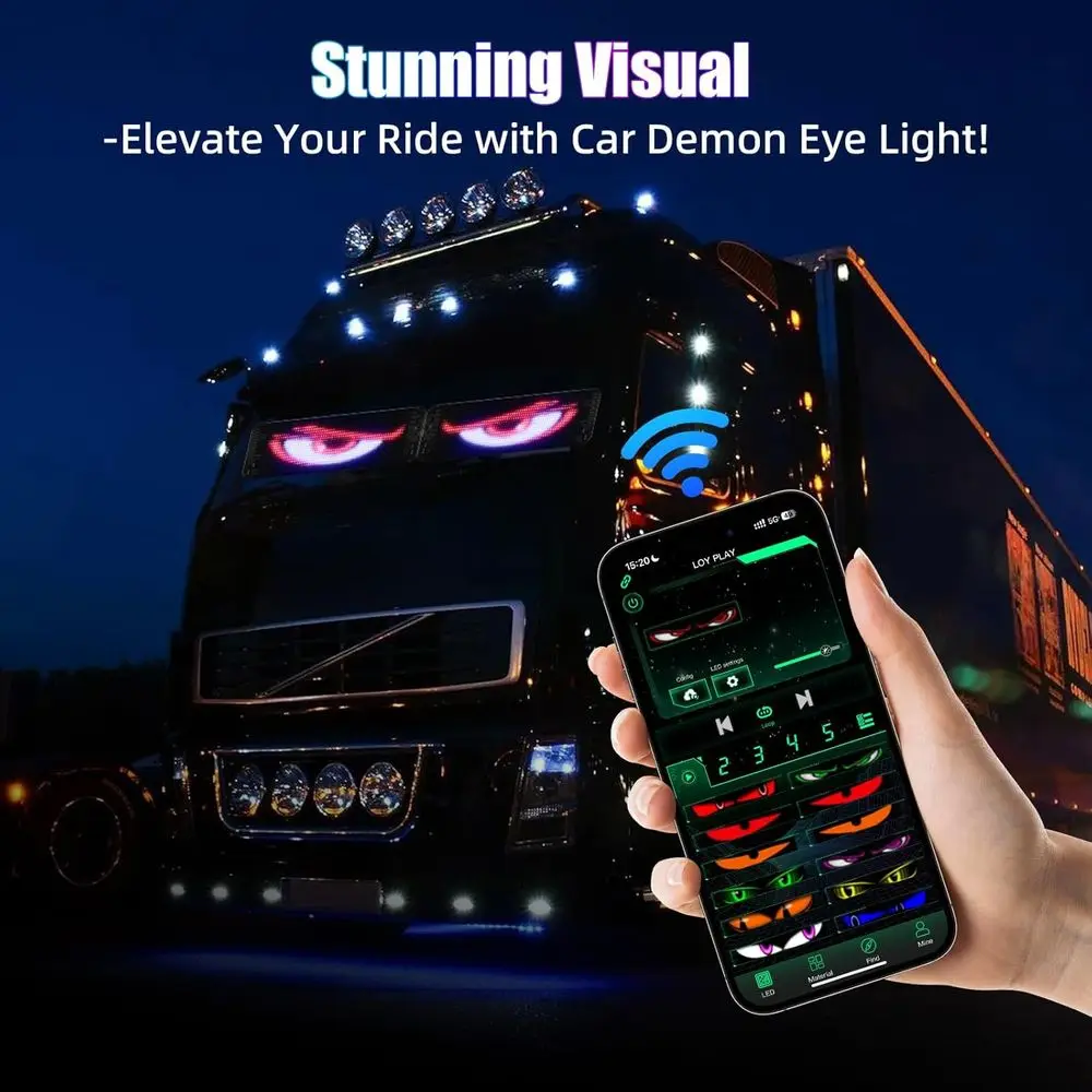 Doppi occhi da diavolo LED 23,62x4,72 con testo e animazione personalizzabili, telecomandati tramite app, cartello scorrevole flessibile per veicolo Wi