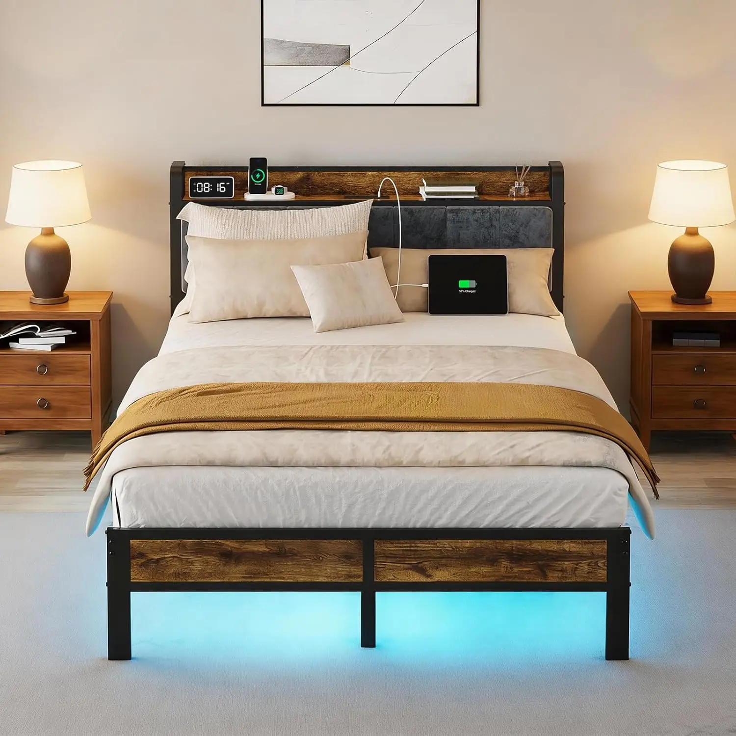

Full Size Bed Frame LED Lights Charging Station Upholstered Headboard Storage Shelf Metal Platform