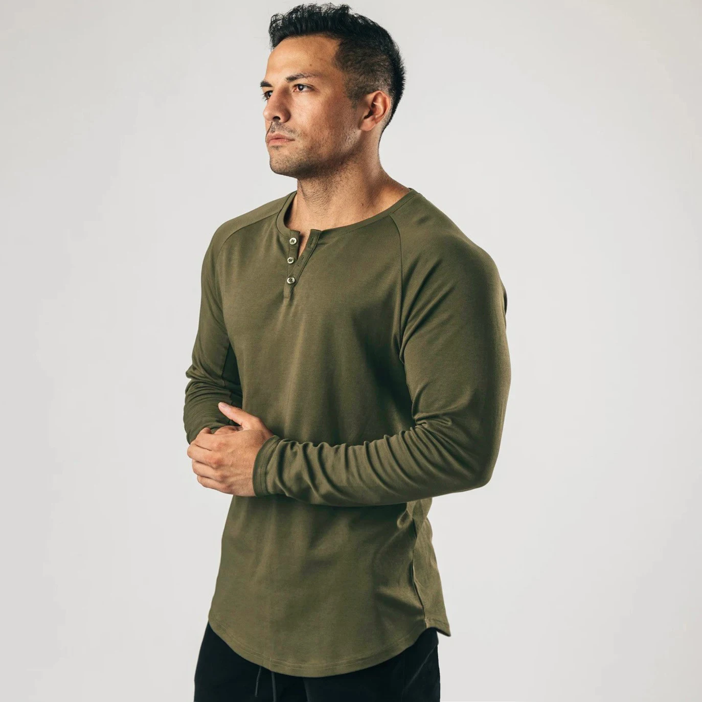 Men Muscle Shirt Long Sleeve T-shirt Solid Vintage Henley Shirts Sports Fitness Casual Cotton Stretch Thin V-neck Tee