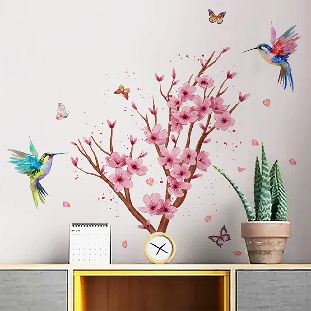 

Cartoon Cute Pink Plum Blossom Hummingbird Bird Wall Stickers Living-rooms Bedroom Kids Room Home Decor Decal Wallpaper Poster