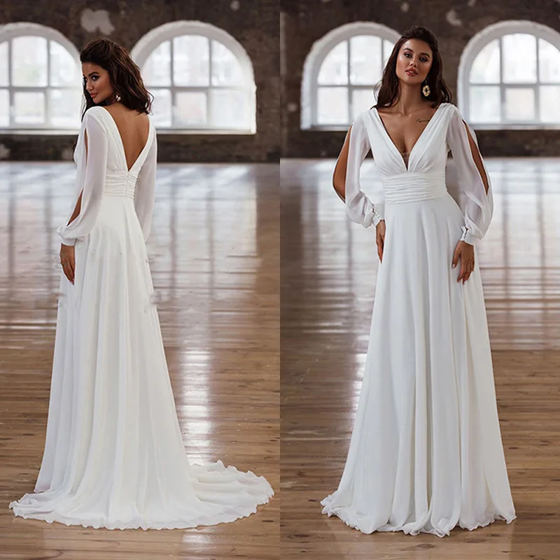 

SONDR Custom Made Wedding Gown Chiffon Civil Ivory A-Line Open Back Puff Sleevese Brides Vestido De Noiva Women Bridal Dresses