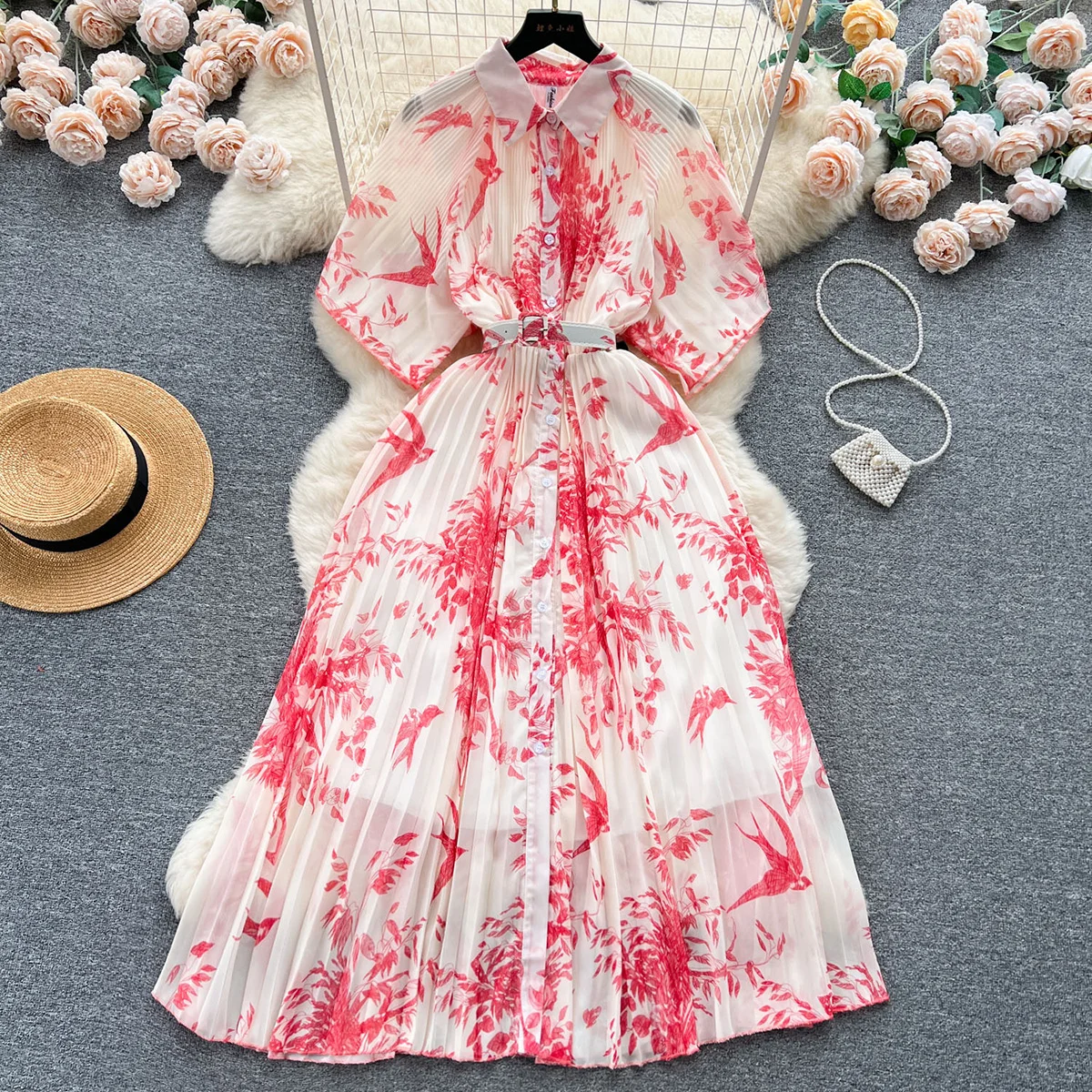 

Croysier Chiffon Midi Dresses For Women Elegant Vintage Print Pleated Dress With Belt Summer Short Sleeve Button-Up Shirt Dress