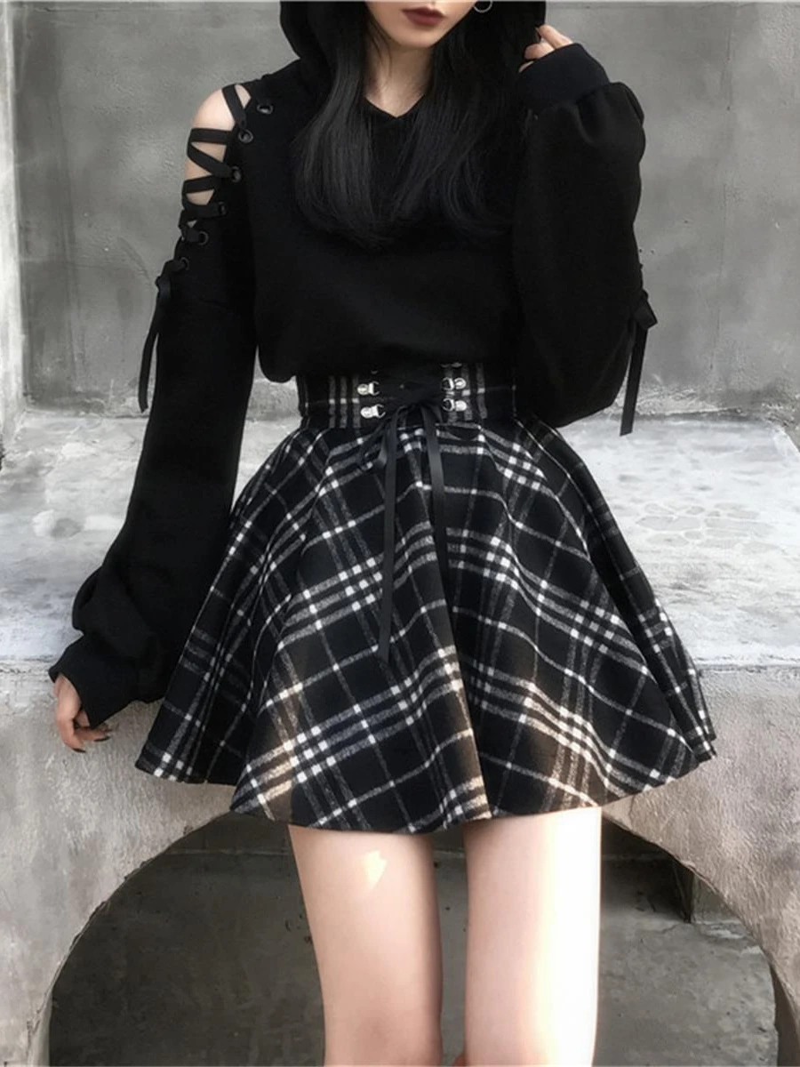 

Original Design Wide Waist Black And White Grid Girl Dark Half Skirt Female Whisper High Waist Puff Skirt