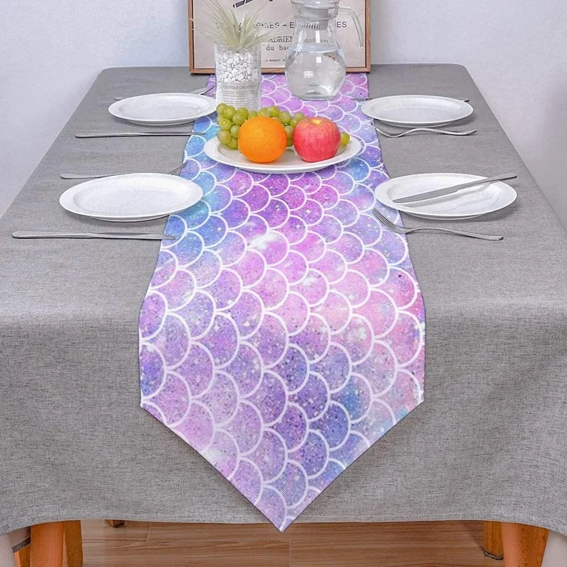 Linen Table Runner Dresser Scarf Mermaid Fish Scale Rectangular Table Runner Outdoor Wedding Party Table Decoration Table Runner