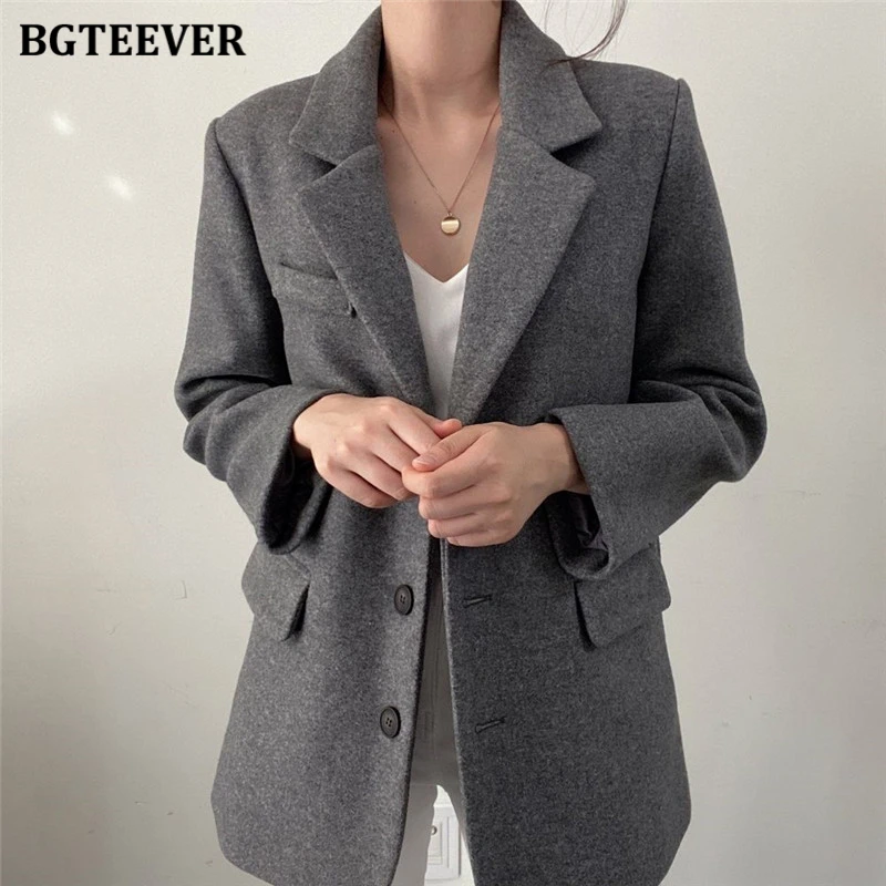 BGTEEVER-Chaqueta holgada de lana para mujer, chaqueta elegante y cálida de manga larga con bolsillos, Otoño e Invierno