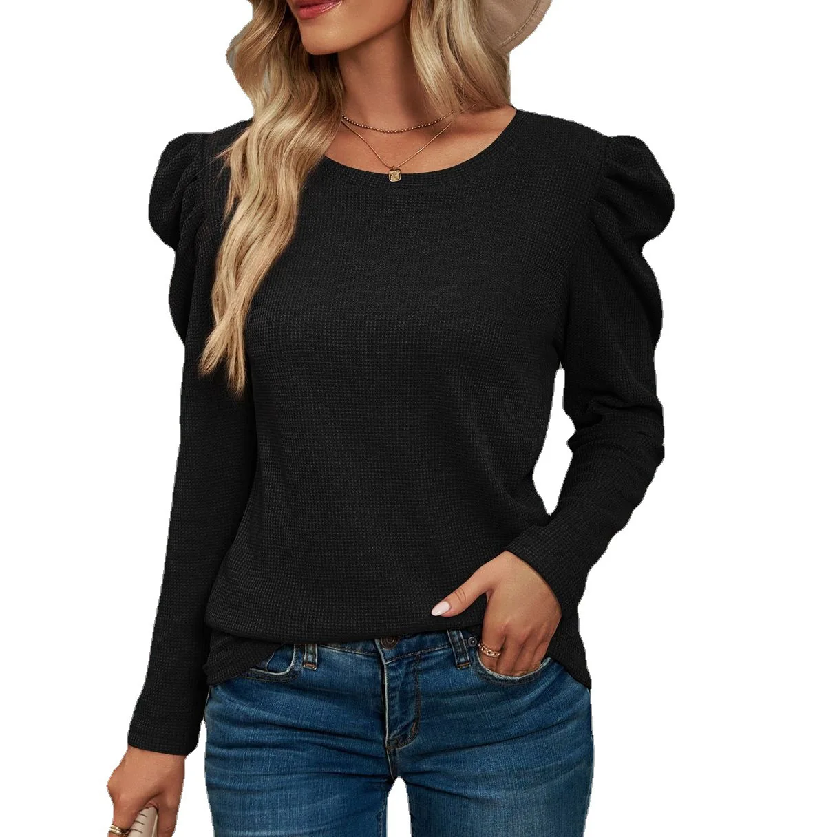 APIPEE Autumn New European and American Style Long-Sleeve Pleated Patchwork Round Neck Waffle Cotton T-shirt Women's Top