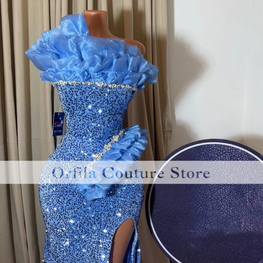 Azul vestidos de baile 2025 luxo para menina negra cristal diamante sereia vestidos de festa sem alças vestido de noite personalizado