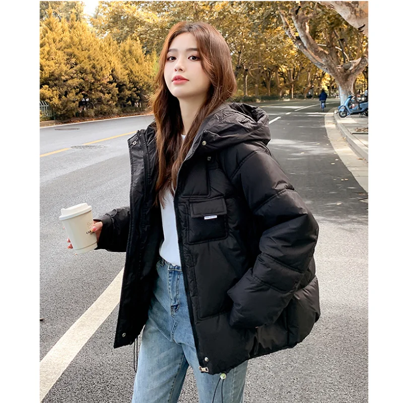 Blue Down Jacket Women Coat Black Hooded Fashion American Streetwear Y2K Style Duck Down Feather Female Winter Short Outwear