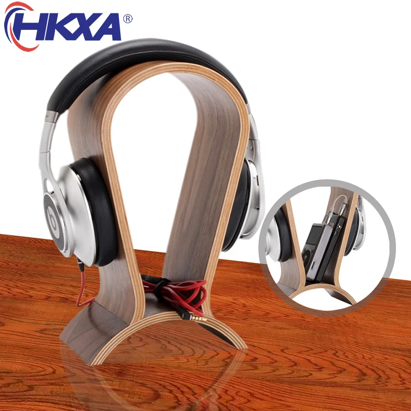 HKXA Desktop Headphone Stand Bracket Walnut Wood Computer Headset Headphone Rack Display Stand Gaming Headphone Hanger Holder