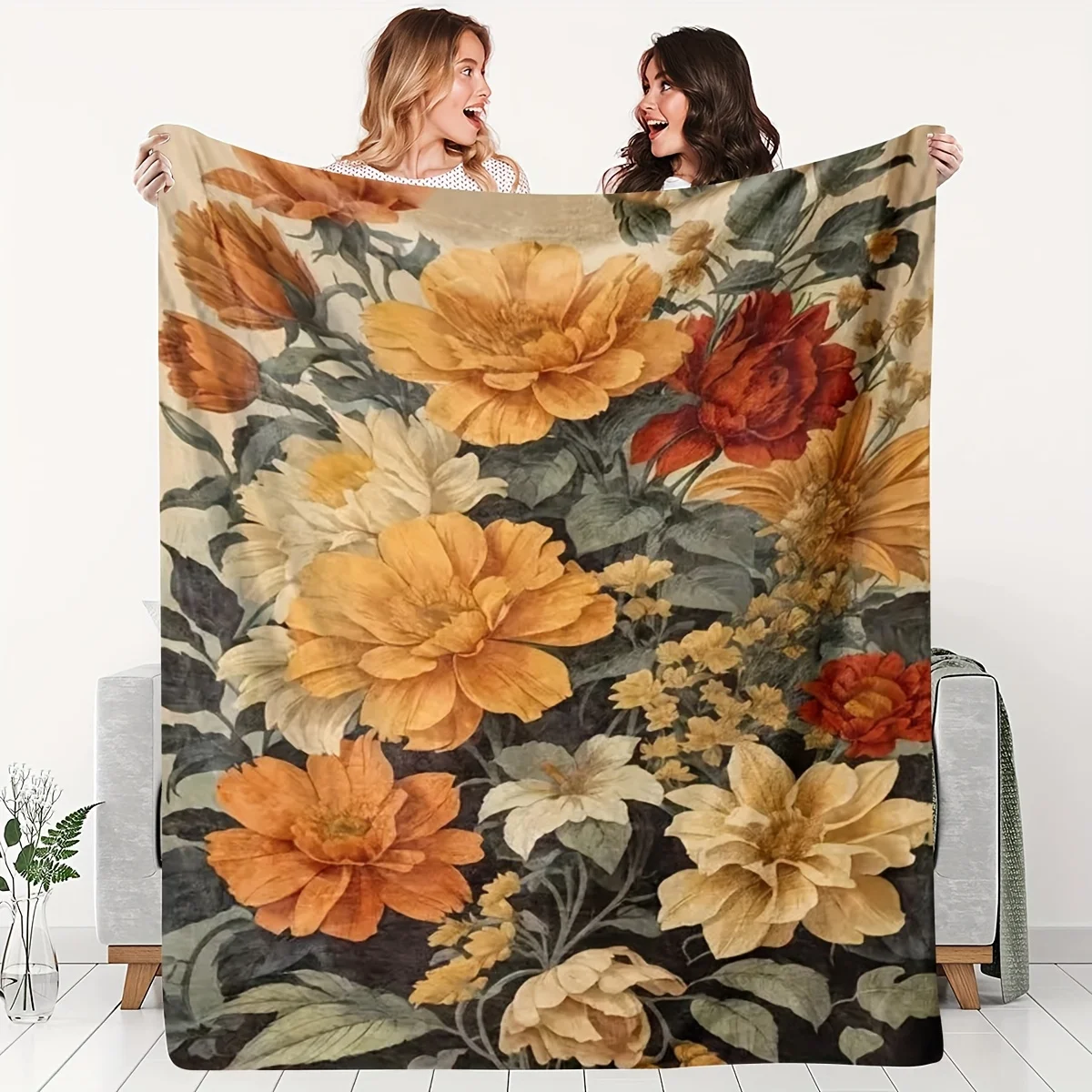 Large Botanical Floral Printed Throw Blanket for Sofa Couch Home Decoration Cozy Autumn Fall Seasonal Decorative Plush Wrap Gift