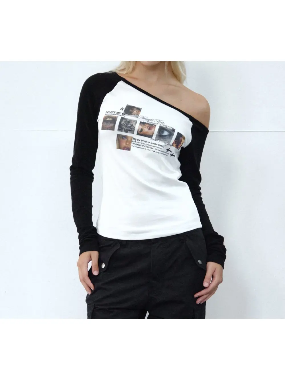 New autumn retro punk portrait print off shoulder black off shoulder long sleeved top, spicy girl street trend casual niche ins