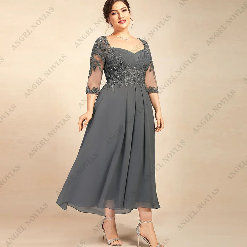 

Tea Length Grey Mother of the Bride Dresses with Sleeves Wedding Party Dress vestido madre del novio largo y elegante