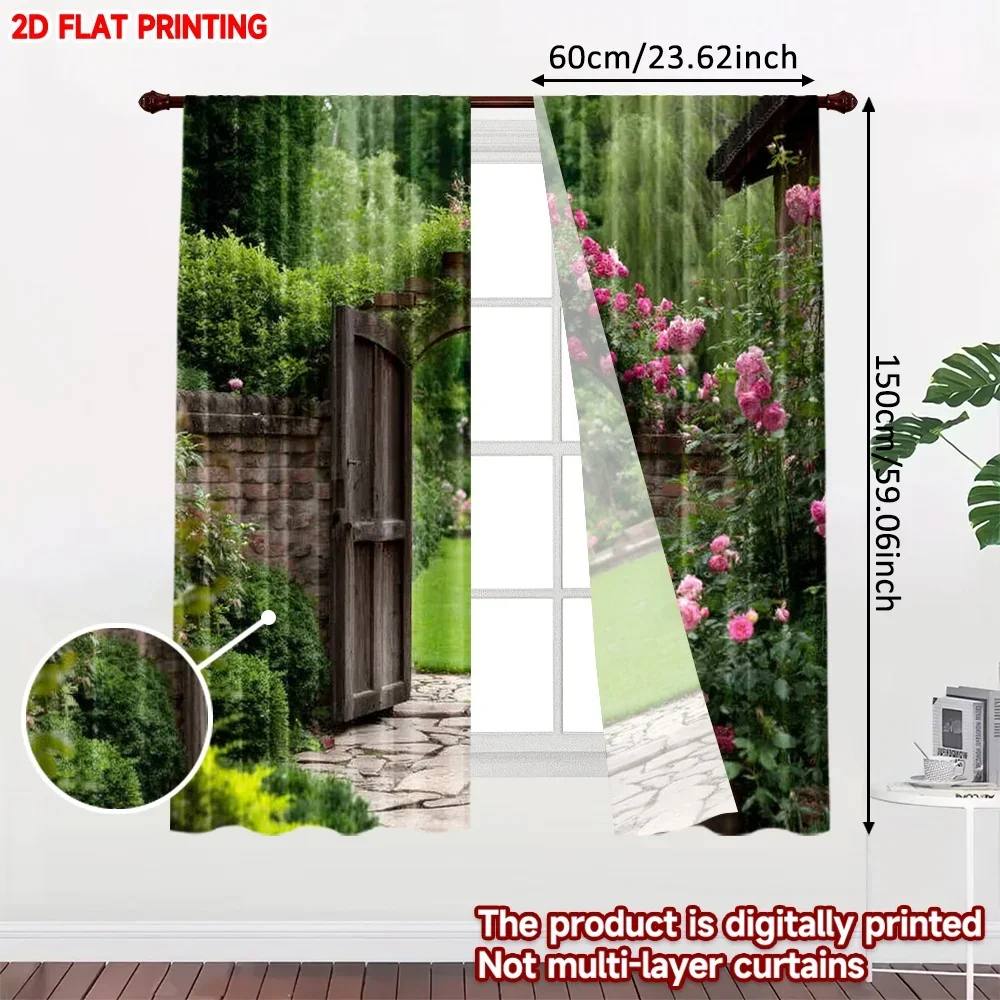 2pcs Garden Gate View Curtains 2D Flat Digital Printing, Open Wood Door with Stone Path Pink Flowers for Cozy Living Room Decor