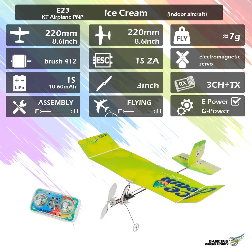 Dancing Wings Hobby E23 ICE CREAM 220mm Wingspan 2.4GHz 3CH PP Foam Mini Indoor RC Airplane RTF