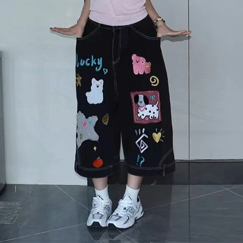 

Женские черные забавные джинсы с нашивками в корейском стиле BF Y2k, уличные укороченные брюки с высокой талией, прямые свободные широкие брюки средней длины