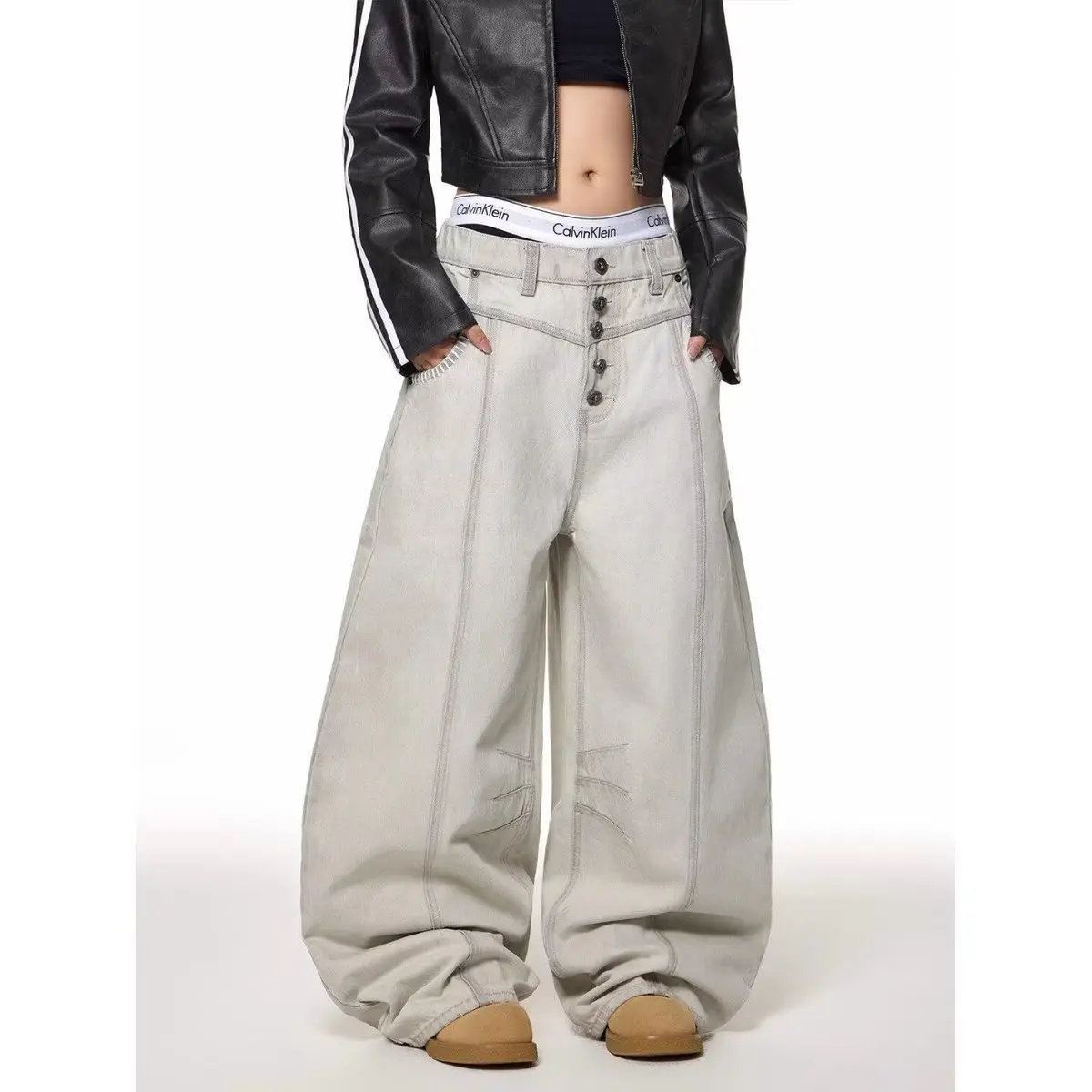 Women's Single-breasted Design Dirty White Pants Spring Girl Unisex Trousers Wide Leg Bottoms Female High Waisted Sweatpants