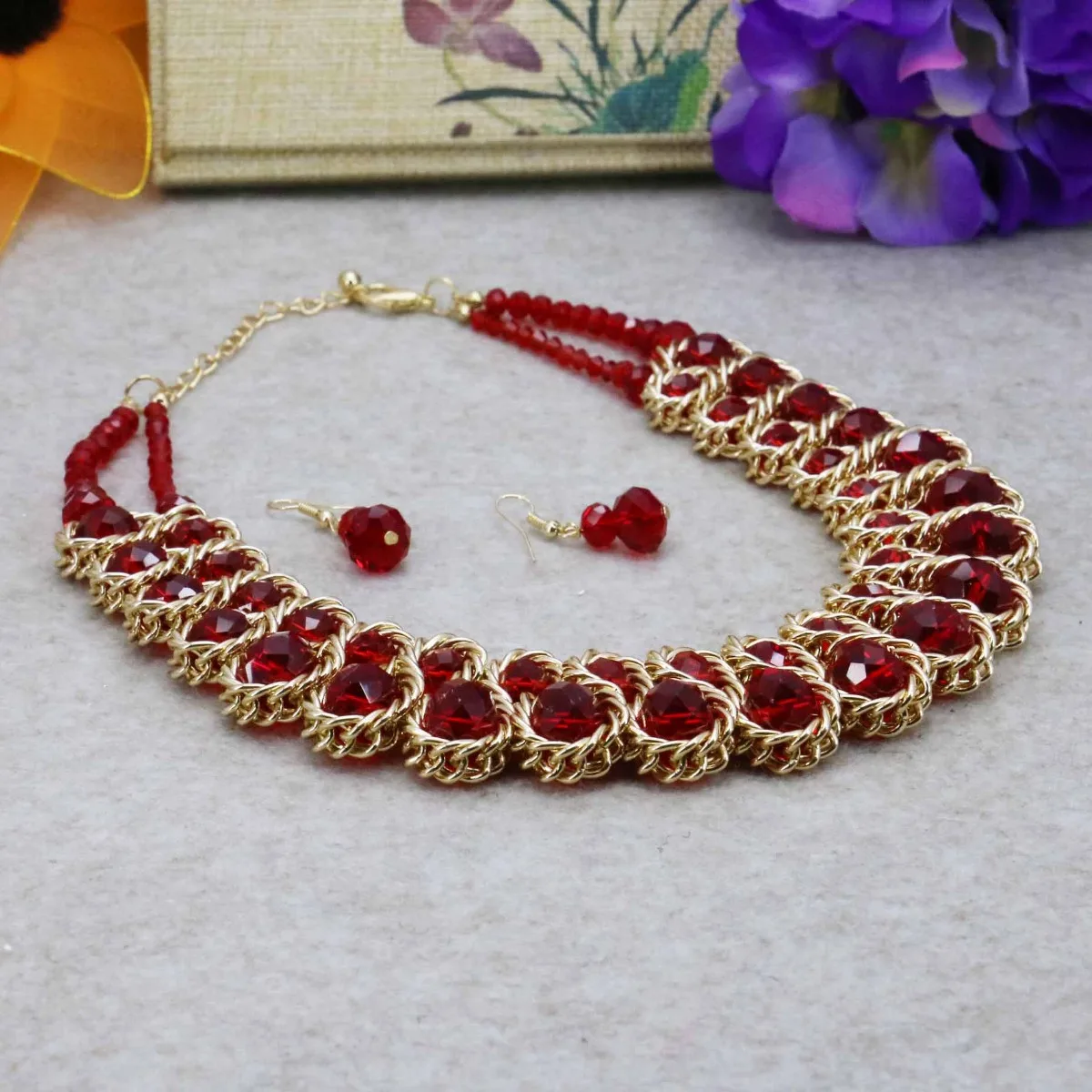Hot Sale Colorful Crystal Glass Beads Necklaces&Earrings Sets For Women Girls Gilfs Chain 3Row DIY Jewelry Design Crafts 18inch