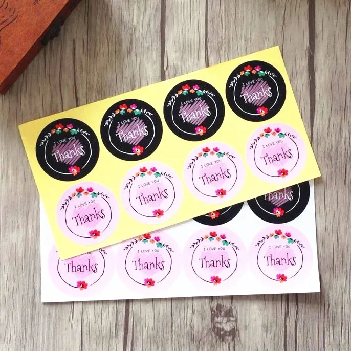 80pcs/lot Black & Pink Flower Thanks I LOVE YOU Adhesive Kraft Seal Sticker for Baking Round Gift Label Stickers Funny DIY Work