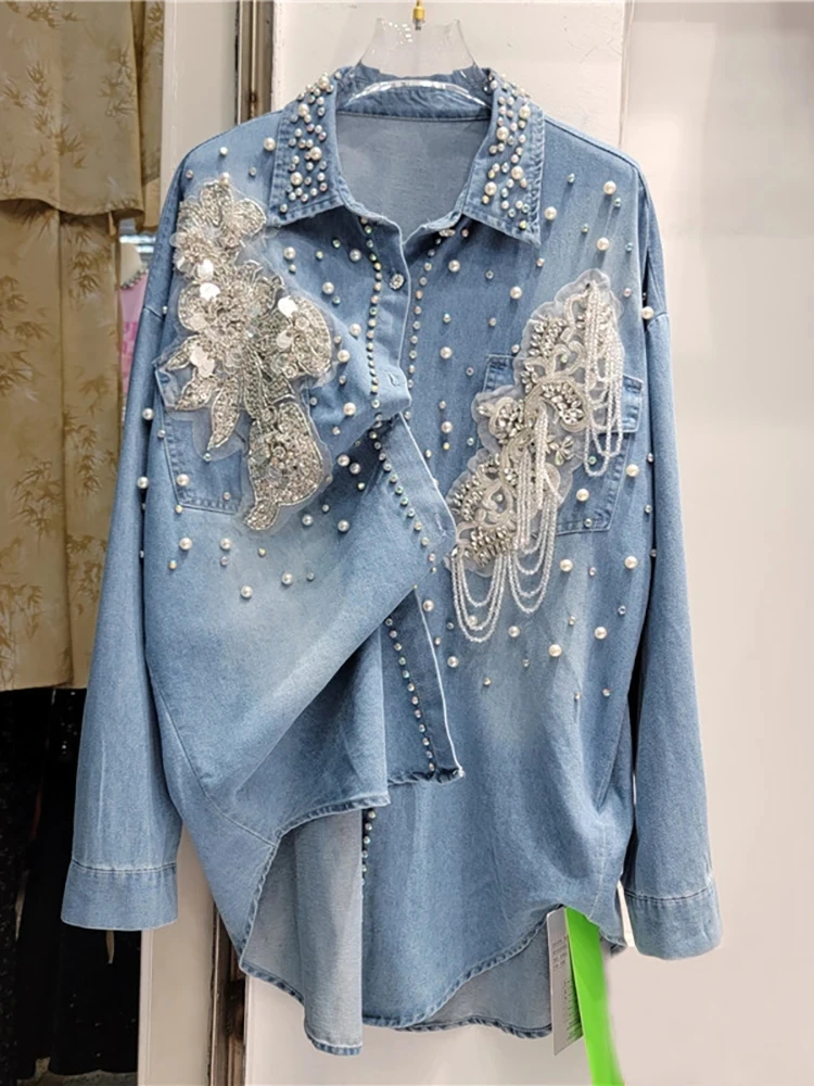 

Women's Denim Shirt Loose Embroidered Flares Pearls Flowers Chains Patchwork Thin Blouse 2024 Summer New Fashion