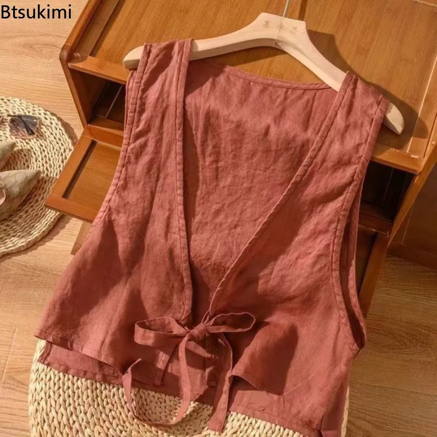 Women's Cotton Linen Cardigan Vest Casual Loose V Neck Sleeveless Jackets Summer Lace Up Solid Vests Waistcoat Ladies Retro Tops